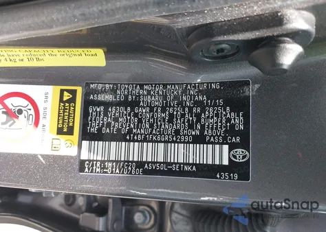 2016 Toyota Camry Le из США, поврежденный, VIN 4T4BF1FK6GR542990